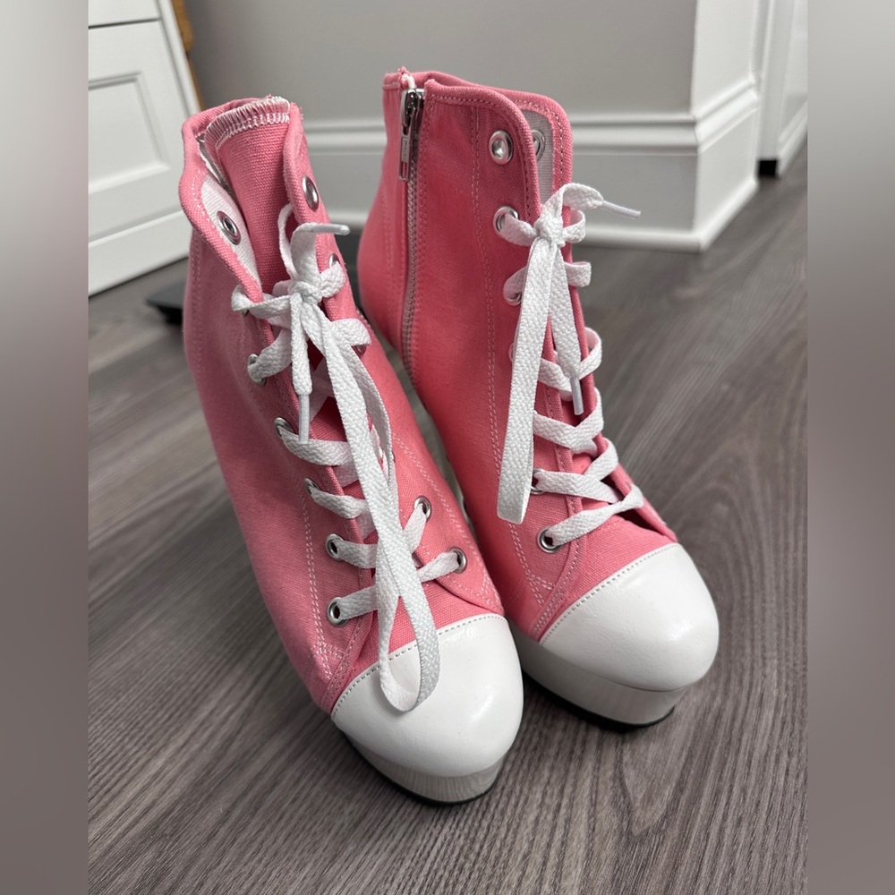 Pleaser Delight Pink and White High-Top Women's Heels, sz 9
